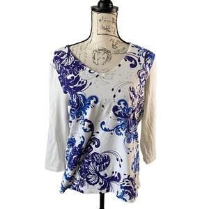 Chico's Weekends Blue Purple Paisley Bling Top – White V-Neck Long Sleeve M